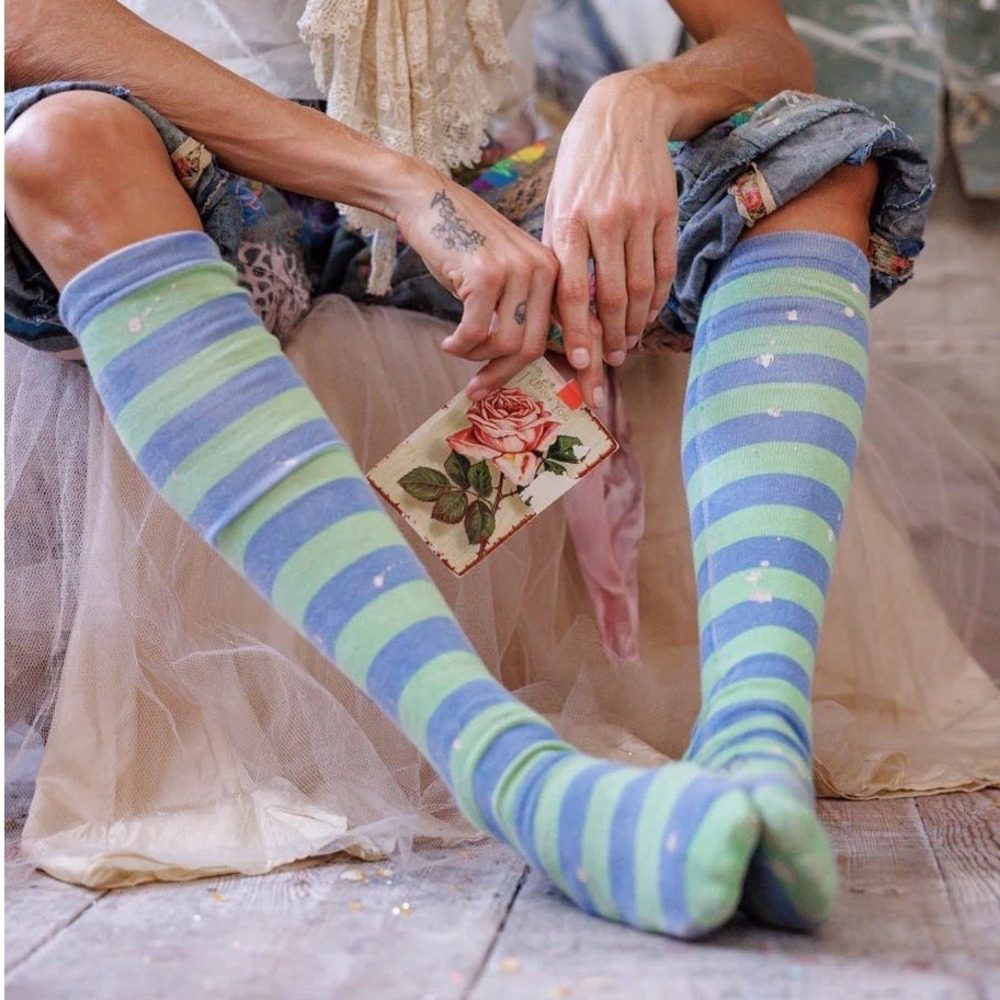 Magnolia Pearl Striped Knee High Socks Blue Green Paint Splatter Bohemian NWT
